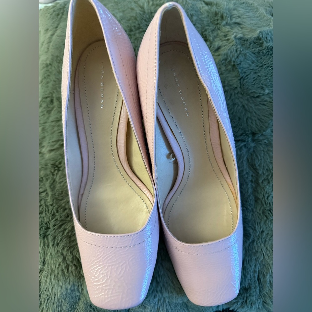 Size 6 Zara Block Heel Pink Patent Leather, 2.5” Silver Heel